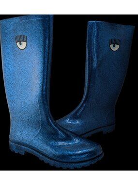 Chiara Ferragni Glitter Blue Rain Boots With Iconic Eye Detail Size 40 Made In E